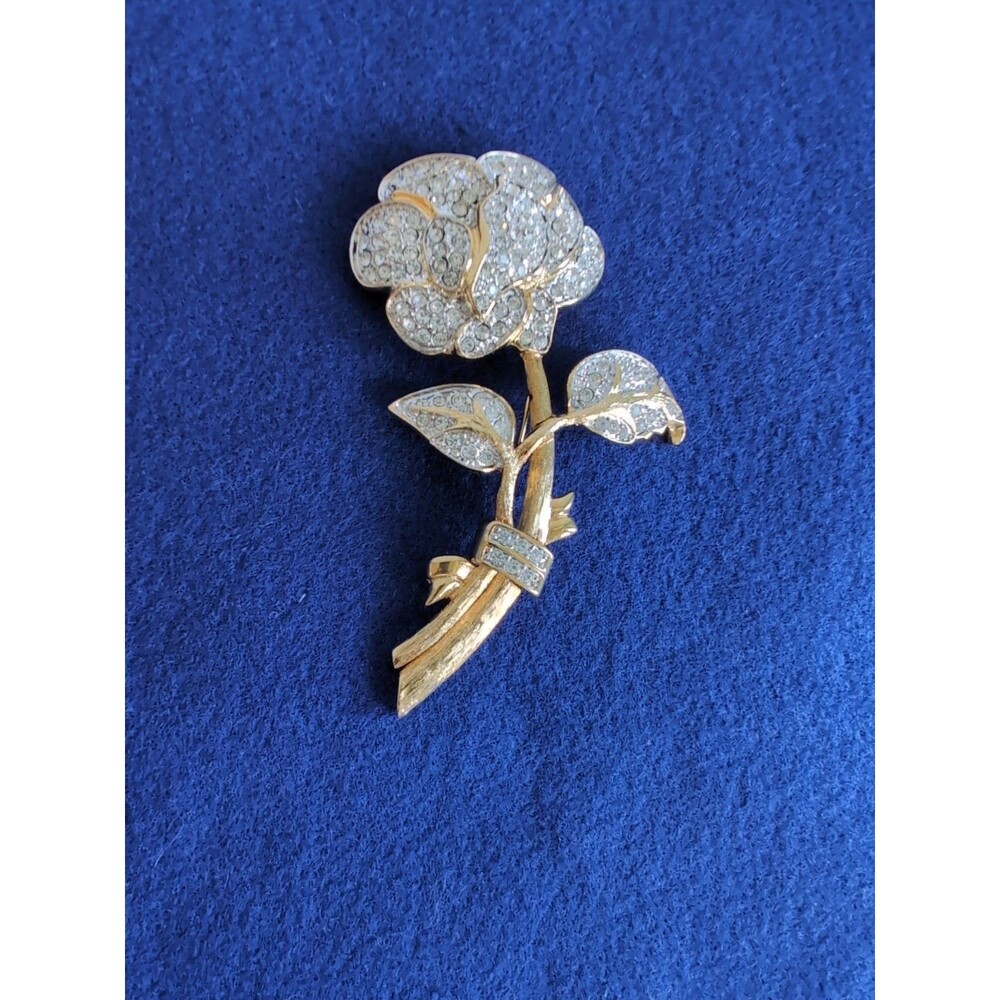 NOLAN MILLER Rhinestone Flower Pin Brooch Large 4" GOLD TONE PAVE Vtg